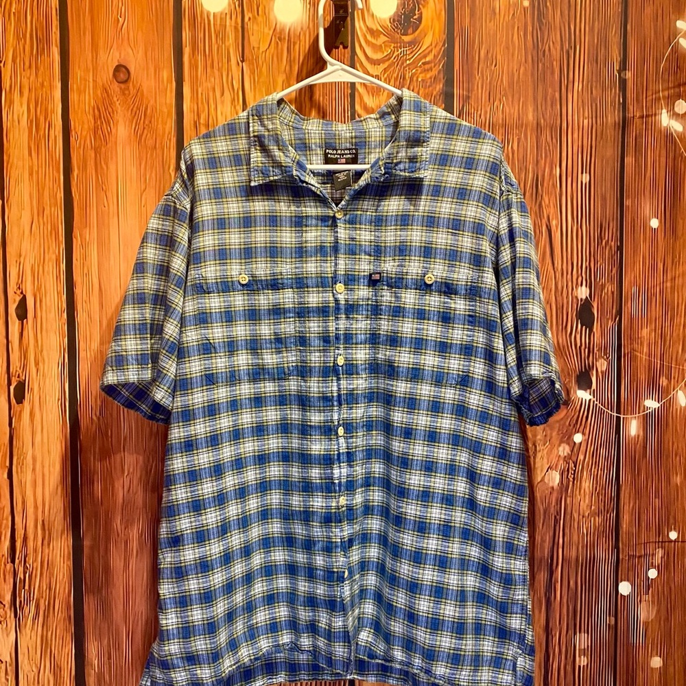 Ralph Lauren Polo Jeans Co. shirt, XL, 100% cotton, plaid in blue shades.